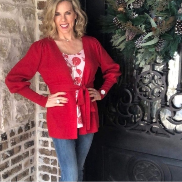 CAbi red puffed sleeve belted cardigan. Size MEDIUM - Picture 5 of 6